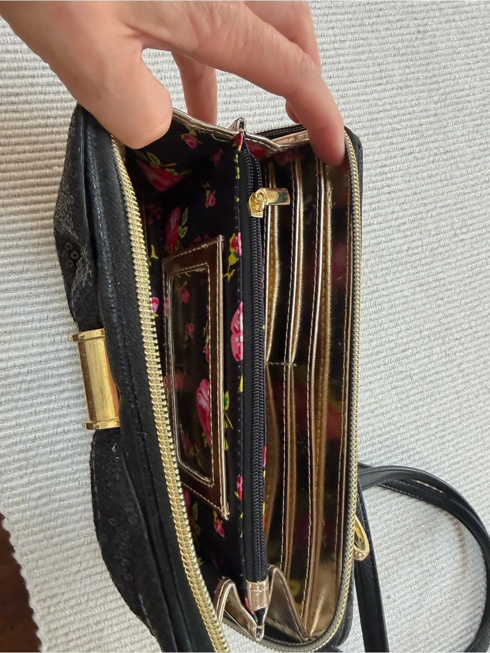 Betsey Johnson Black Sequin Bow Crossbody Wallet